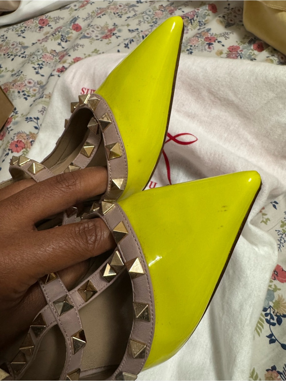 Valentino Garavani Neon Yellow and Nude Rockstud Pointed-Toe T-Strap Pumps - Picture 2 of 5